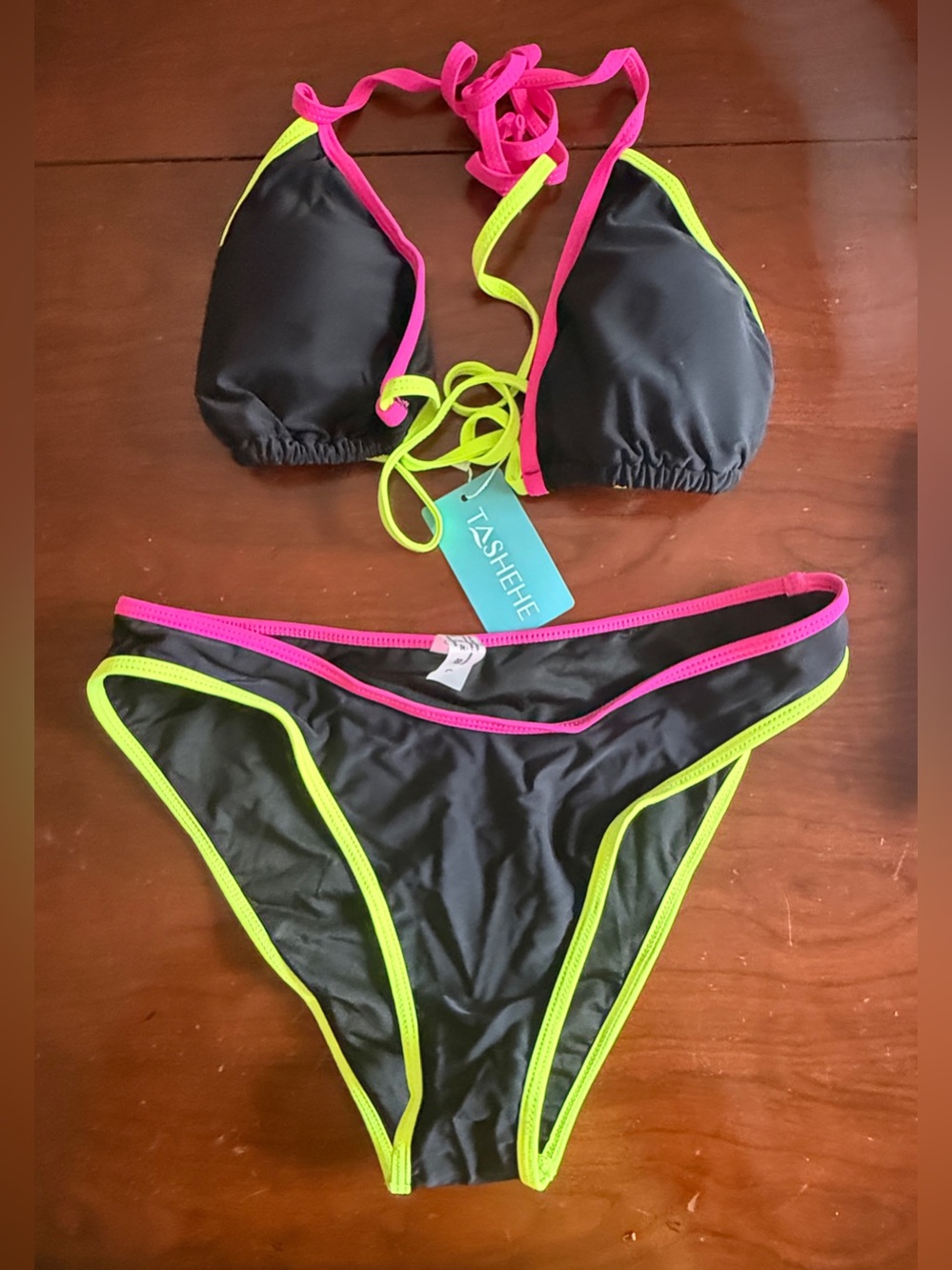 TASHEHE Colorful String Bikini Set Triangle Two Piece Neon Color Block Halter - Picture 7 of 11